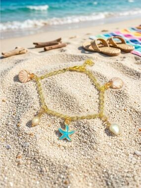 Gold Kids Seashell & Starfish Charm Bracelet - Turquoise Accent